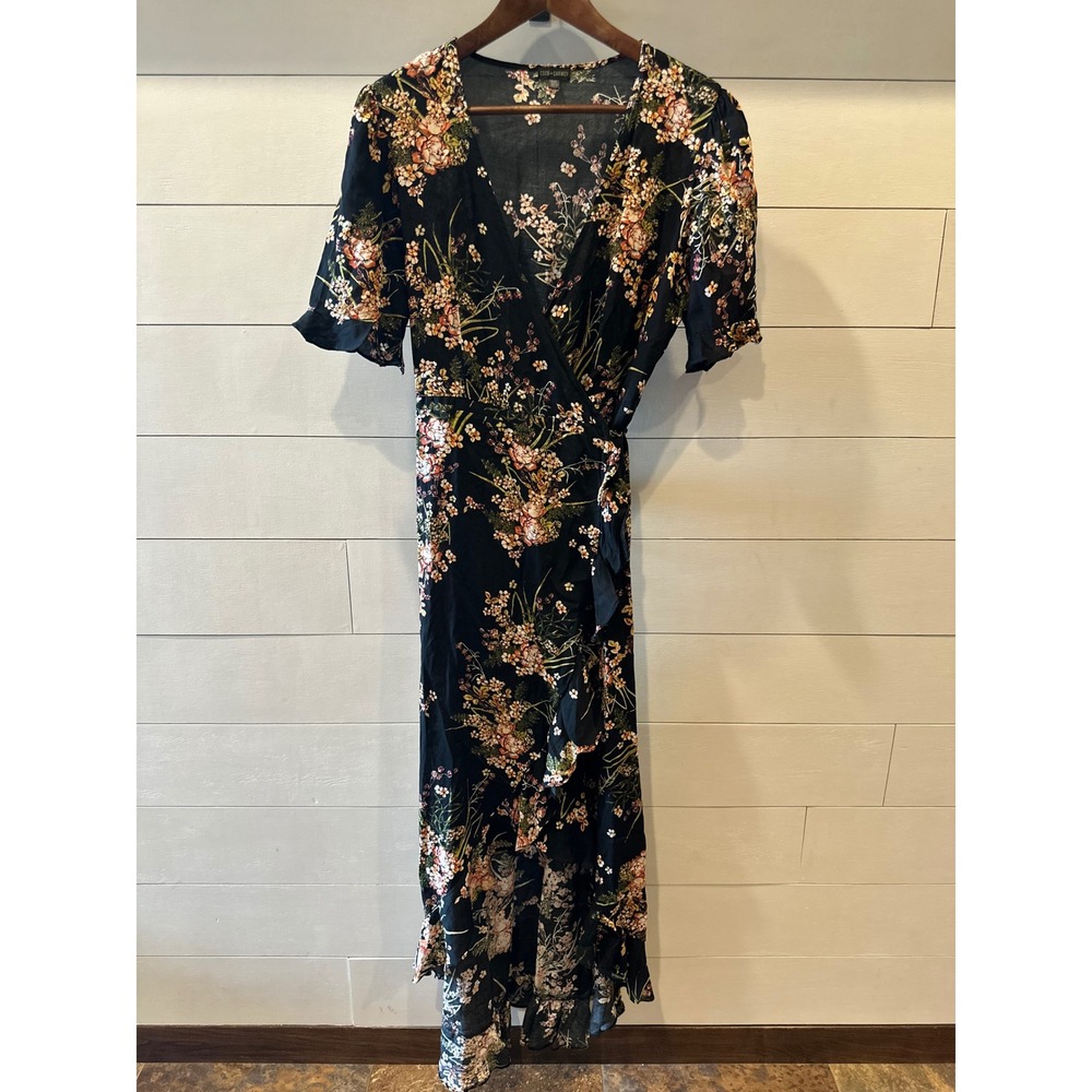 Coco + Carmen Floral Wrap Maxi Dress Black Ruffle High Low Hem S/M Short Sleeve